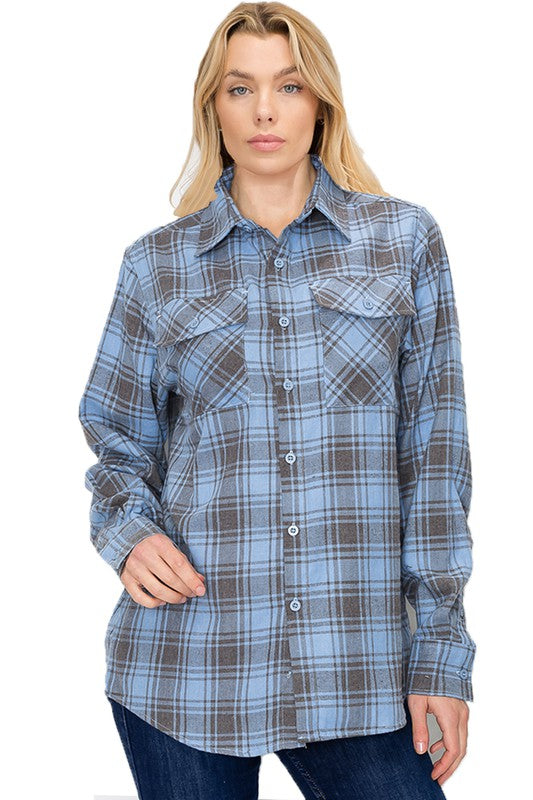 Women Boyfriend Fit Checker Plaid Flannel Long Sleeve Shirt