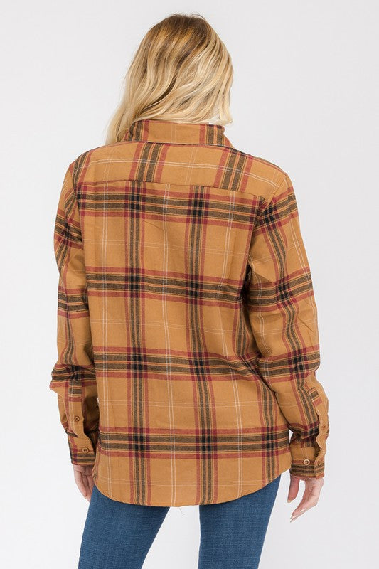 Women Boyfriend Fit Checker Plaid Flannel Long Sleeve Shirt