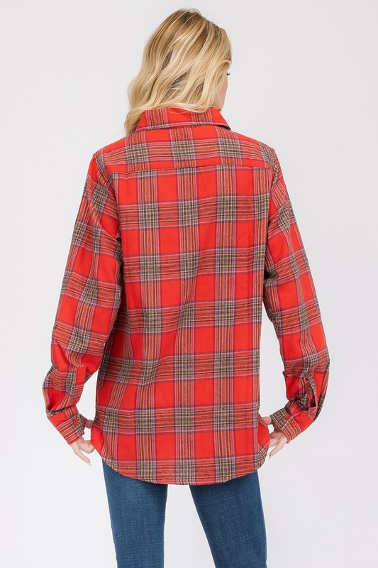 Women Boyfriend Fit Checker Plaid Flannel Long Sleeve Shirt