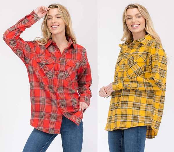 Women Boyfriend Fit Checker Plaid Flannel Long Sleeve Shirt