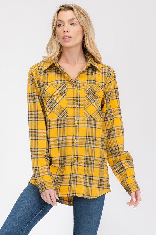 Women Boyfriend Fit Checker Plaid Flannel Long Sleeve Shirt