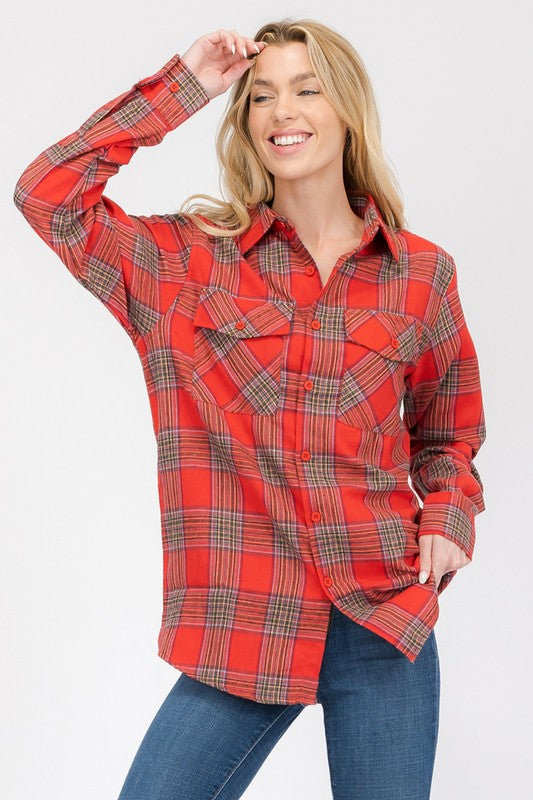 Women Boyfriend Fit Checker Plaid Flannel Long Sleeve Shirt