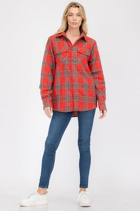 Women Boyfriend Fit Checker Plaid Flannel Long Sleeve Shirt