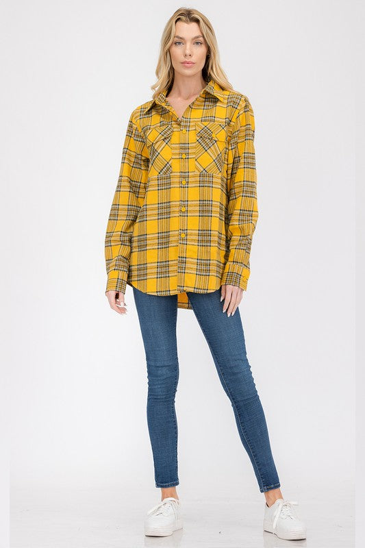 Women Boyfriend Fit Checker Plaid Flannel Long Sleeve Shirt