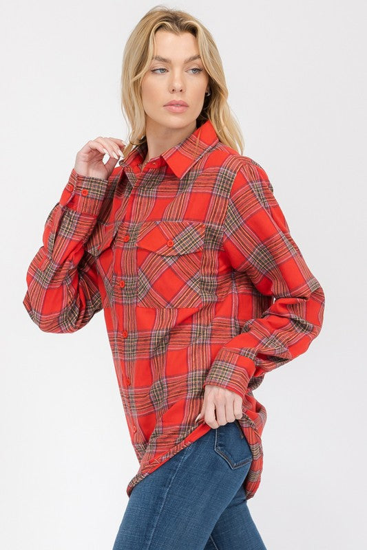 Women Boyfriend Fit Checker Plaid Flannel Long Sleeve Shirt