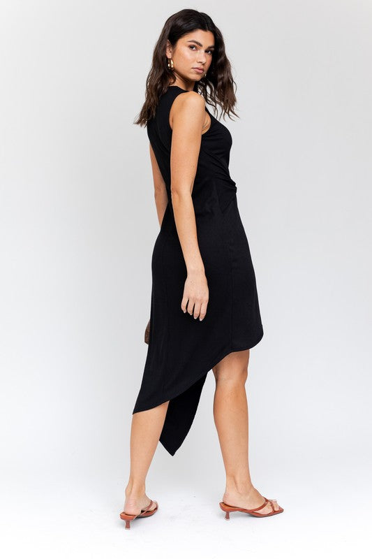 SLEEVELESS TWIST WRAP RIB MIDI DRESS