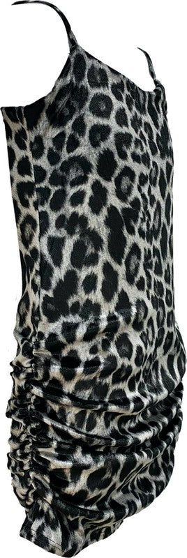 JUNIORS CHEETAH PRINT VELVET TANK RUCHED DRESS