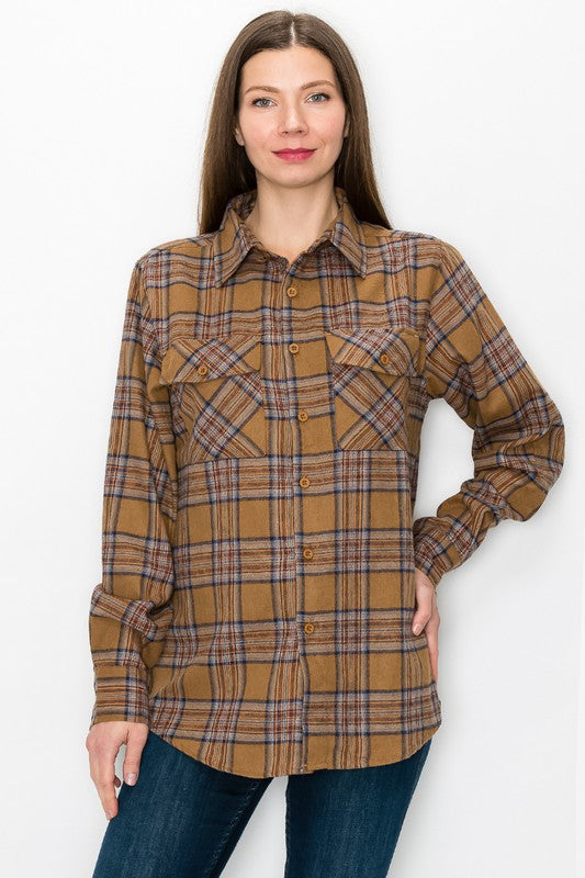 Women Boyfriend Fit Checker Plaid Flannel Long Sleeve Shirt