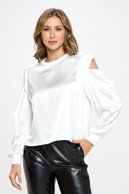 Made in USA Satin Stretch Open Shoulder Sweatshirt