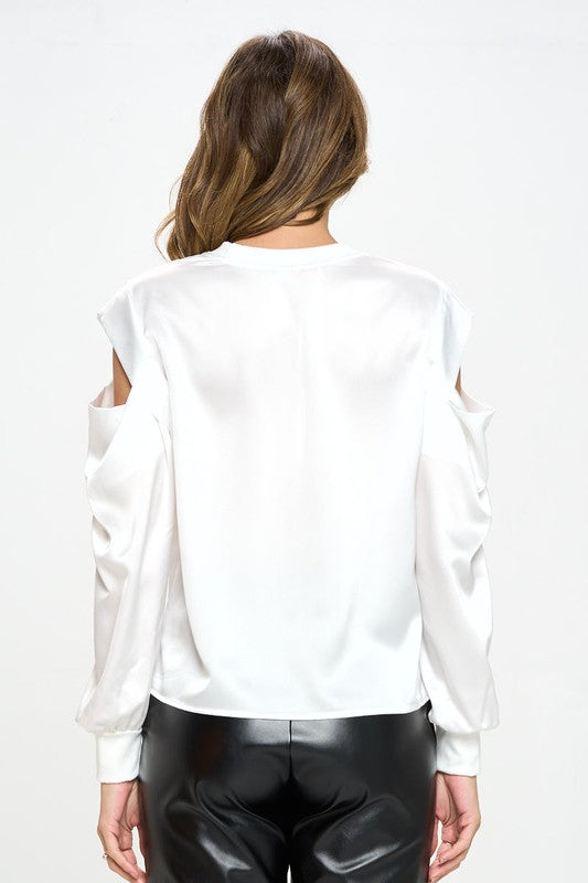 Made in USA Satin Stretch Open Shoulder Sweatshirt