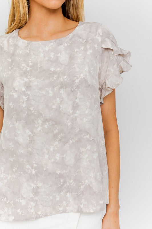 S/S OVERLAP RUFFLE SLEEVE DITSY PRINT TOP