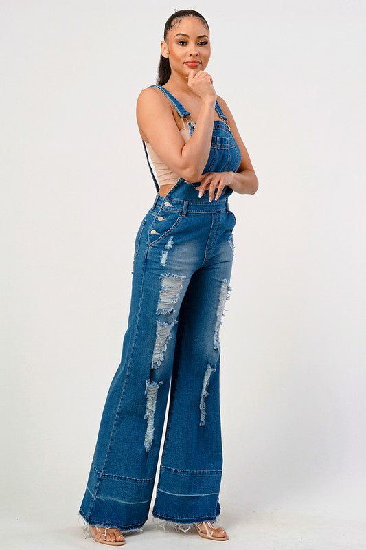 STRETCH DISTRESSED EXTRA FLARED LEG DENIM OVERALLS