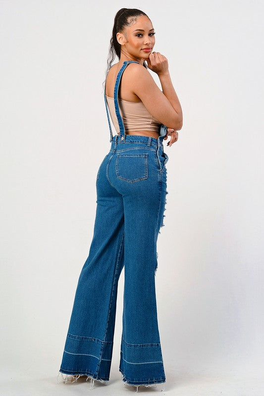 STRETCH DISTRESSED EXTRA FLARED LEG DENIM OVERALLS