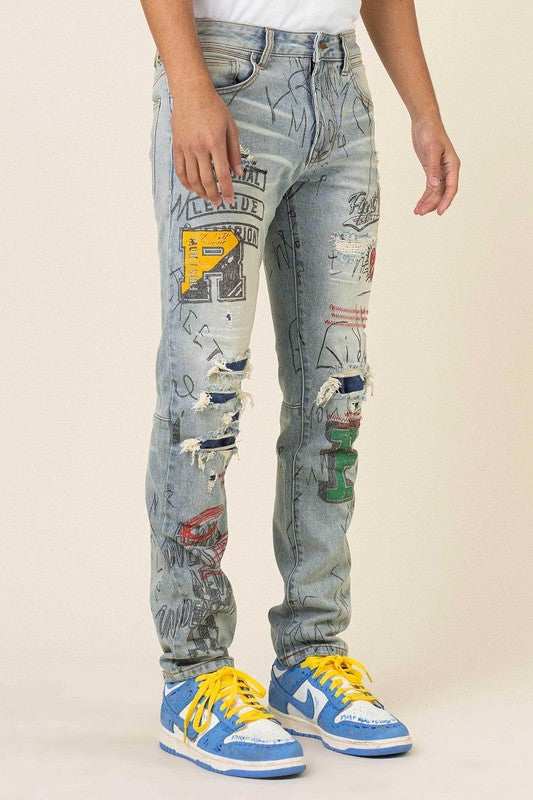 Men's All Over Doodling Slim Fit Denim