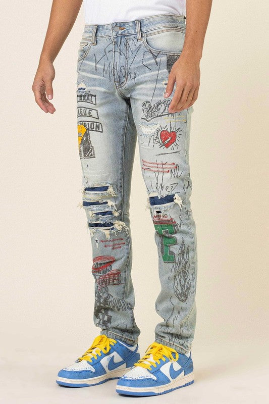 Men's All Over Doodling Slim Fit Denim