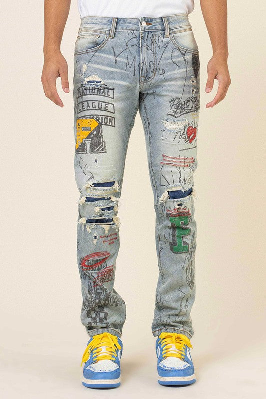 Men's All Over Doodling Slim Fit Denim