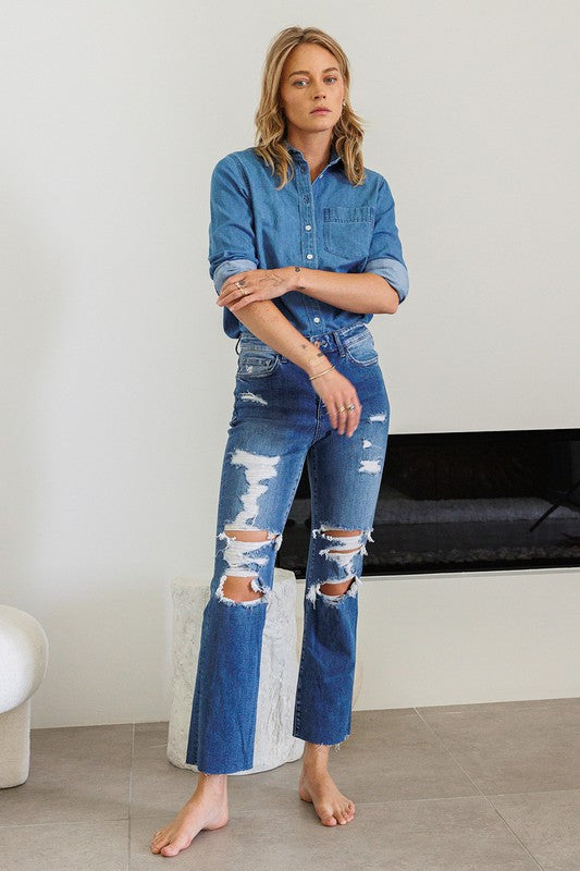 Distressed High Rise Ankle Relaxed Straight Rip Denim Pants