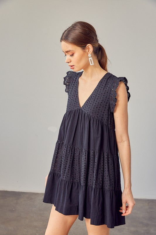 V-NECK EYELET DRESS