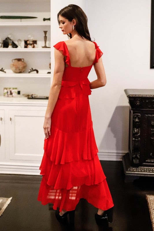 Tomato Red Sleeveless Ruffle Maxi Dress