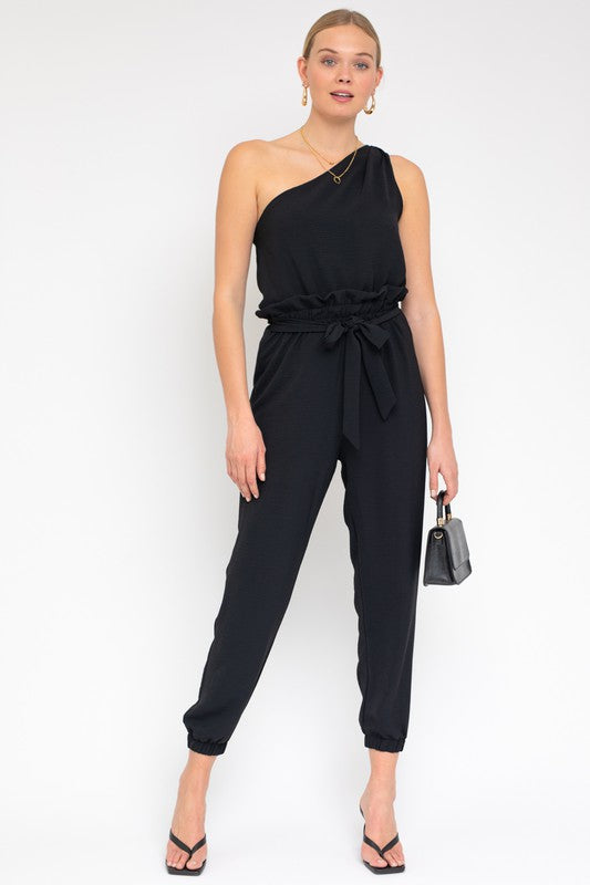 SLEEVELESS ONE SHOULDER WAIST TIE JUMPSUIT