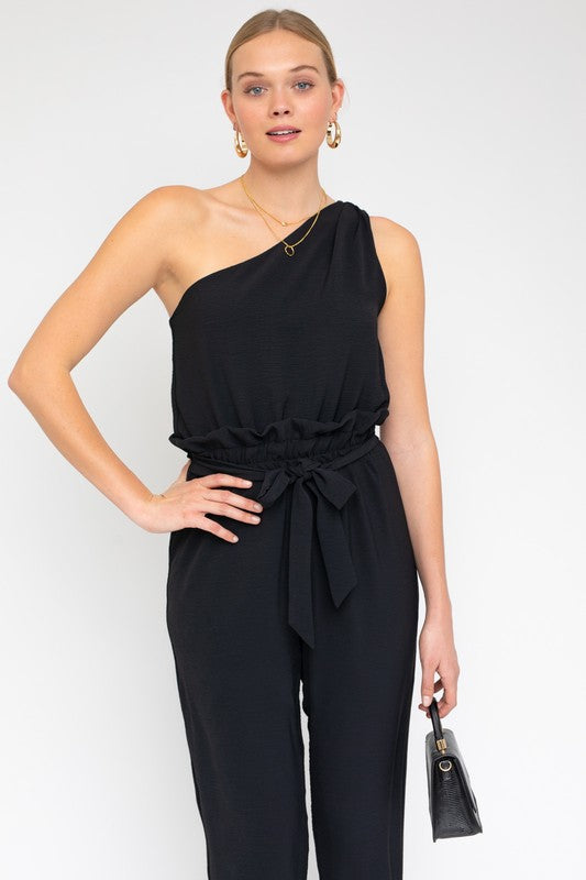 SLEEVELESS ONE SHOULDER WAIST TIE JUMPSUIT