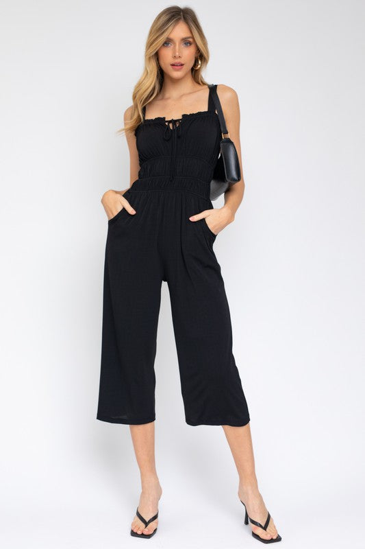 SLEEVELESS DRAWSTRING CROPPED JUMPSUIT