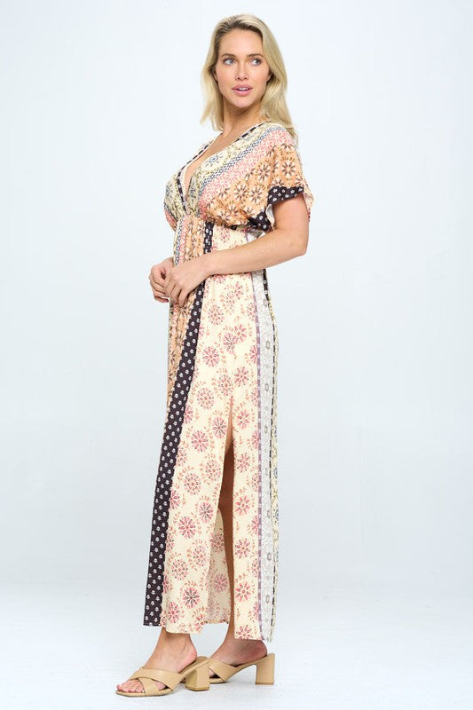 Boho Print Kimono Maxi Dress with Side Slit