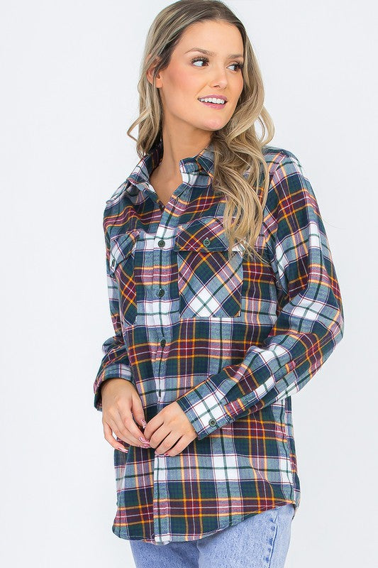 Women's Boyfriend Fit Checker Plaid Flannel Long Sleeve Shirt