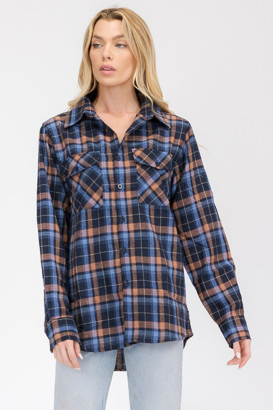 Women Boyfriend Fit Checker Plaid Flannel Long Sleeve Shirt