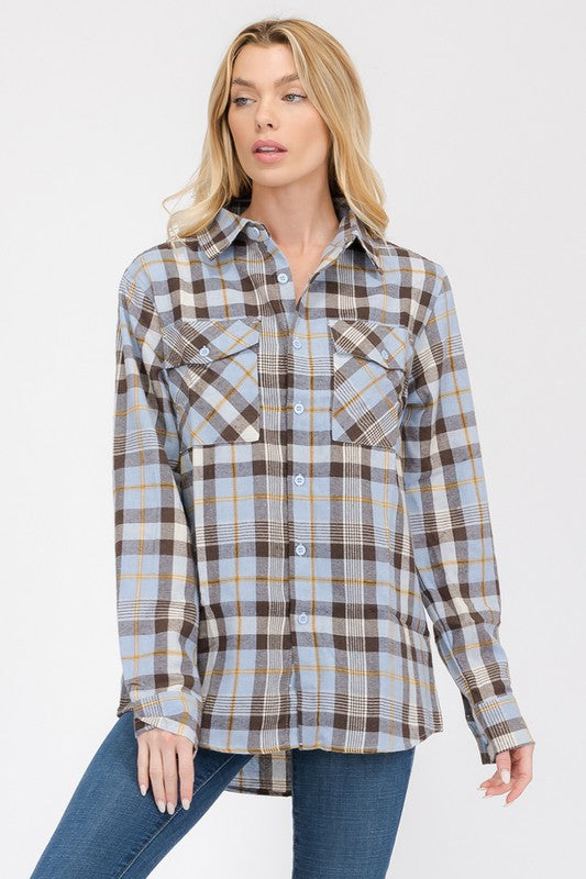 Women's Boyfriend Fit Checker Plaid Flannel Long Sleeve