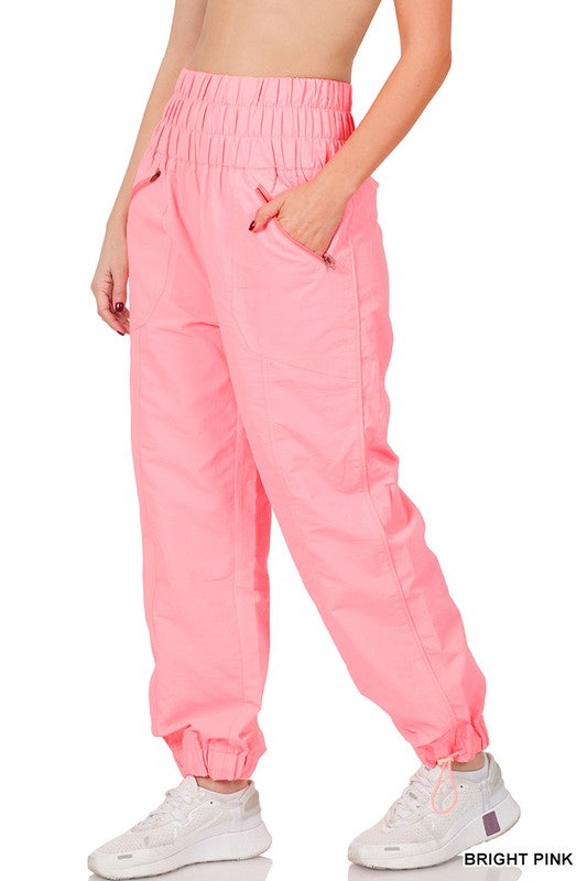 WINDBREAKER SMOCKED HIGH WAISTBAND JOGGER PANTS