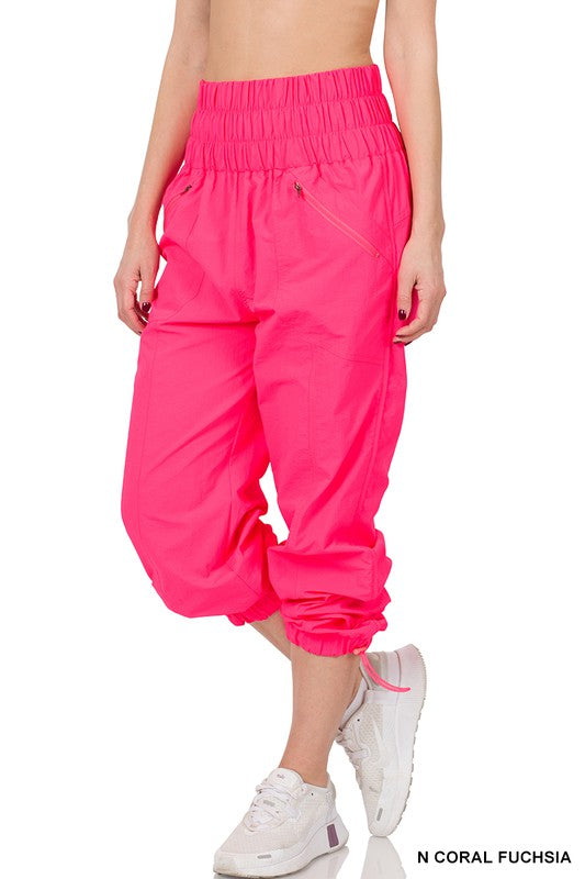 WINDBREAKER SMOCKED HIGH WAISTBAND JOGGER PANTS