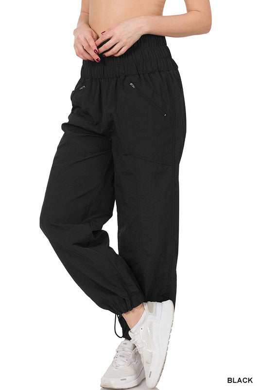 WINDBREAKER SMOCKED HIGH WAISTBAND JOGGER PANTS