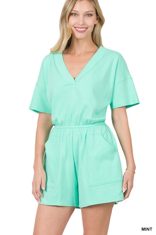 DROP SHOULDER V-NECK ROMPER WITH POCKETS