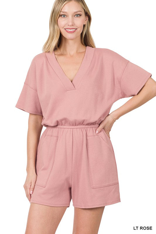 DROP SHOULDER V-NECK ROMPER WITH POCKETS