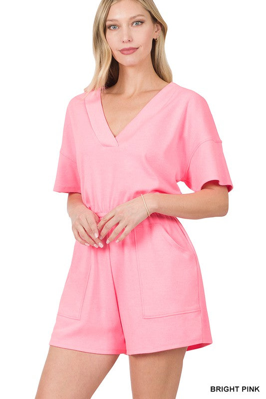 DROP SHOULDER V-NECK ROMPER WITH POCKETS