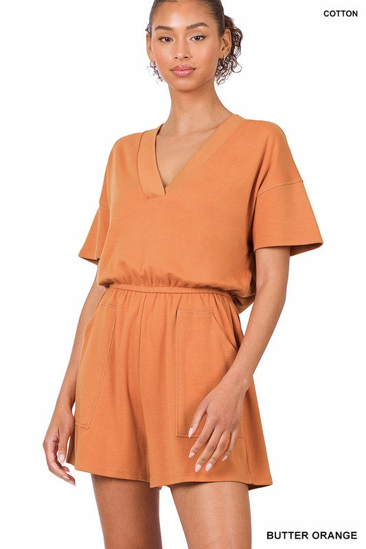 DROP SHOULDER V-NECK ROMPER WITH POCKETS