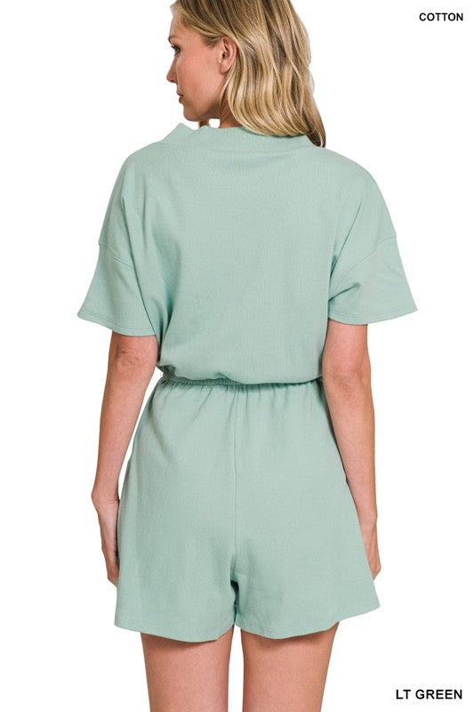 DROP SHOULDER V-NECK ROMPER WITH POCKETS