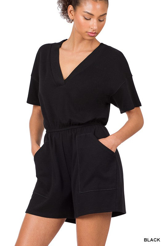 DROP SHOULDER V-NECK ROMPER WITH POCKETS