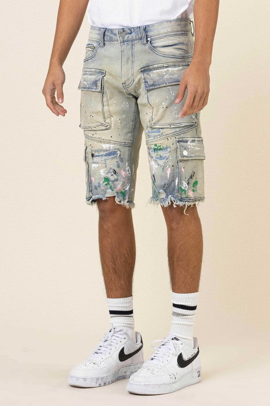 HAND PAINTED MULTI CARGO DENIM SHORTS