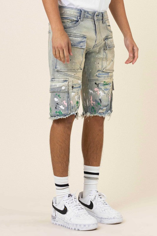 HAND PAINTED MULTI CARGO DENIM SHORTS