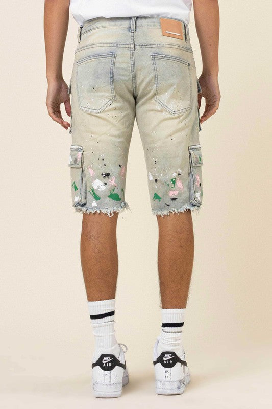 HAND PAINTED MULTI CARGO DENIM SHORTS