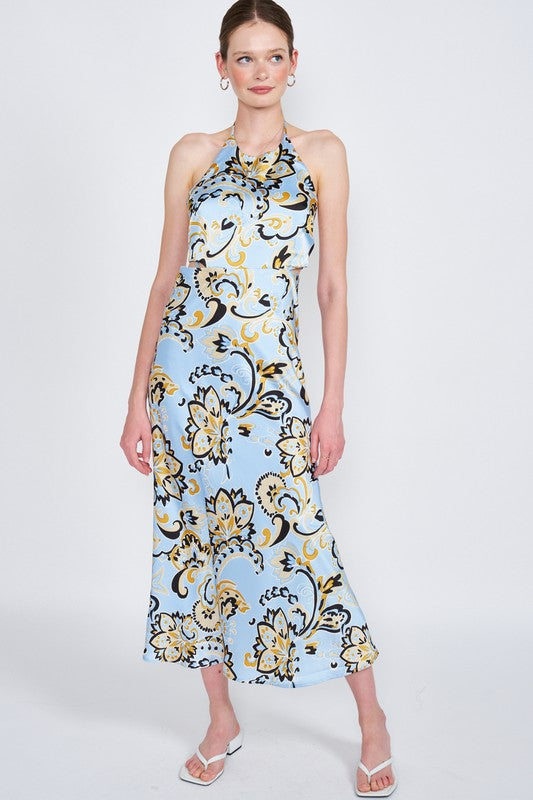 PRINTED HALTER NECK MAXI DRESS