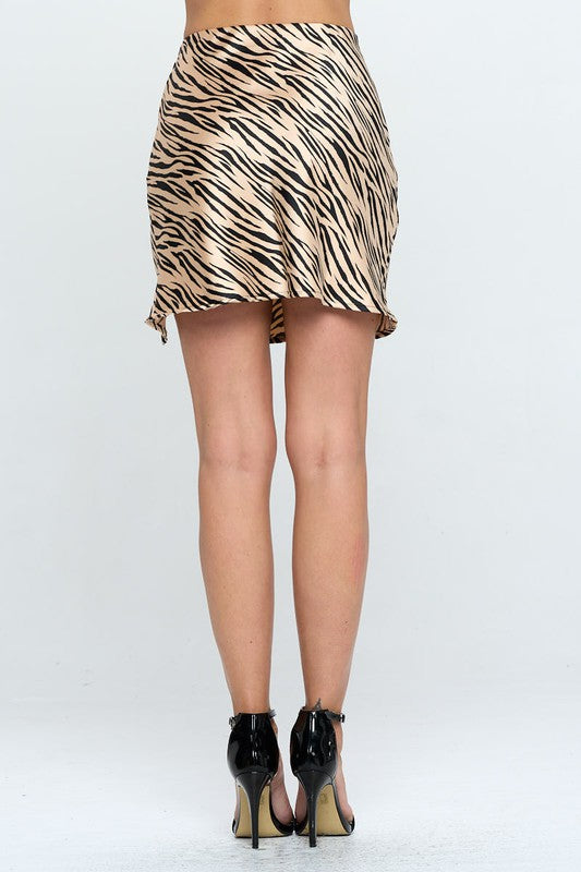 Zebra Print Satin Mini Skirt with Slit