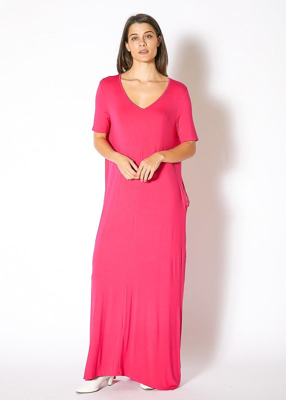 V-Neck Short Sleeve Maxi Dress With Pockets