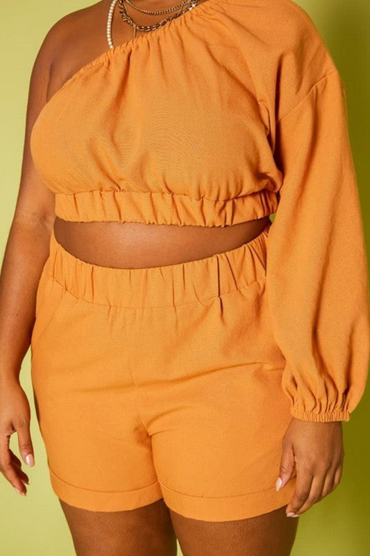 Plus Size One Sleeve Crop Top & Shorts Set