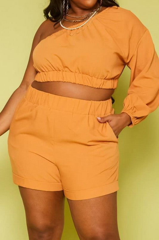 Plus Size One Sleeve Crop Top & Shorts Set