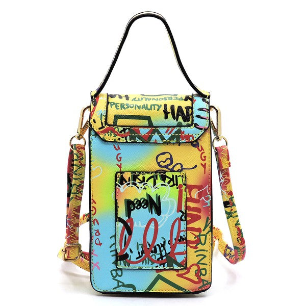 Multi Graffiti Top Flap Crossbody Bag Phone Purse