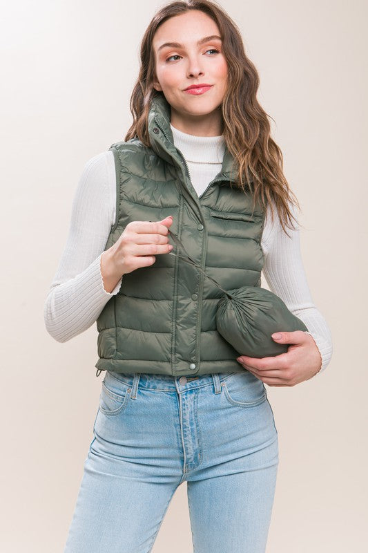 High Neck Zip Up Puffer Vest with Storage Pouch