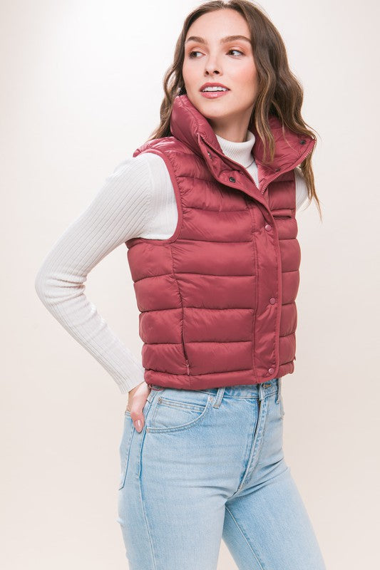 High Neck Zip Up Puffer Vest with Storage Pouch